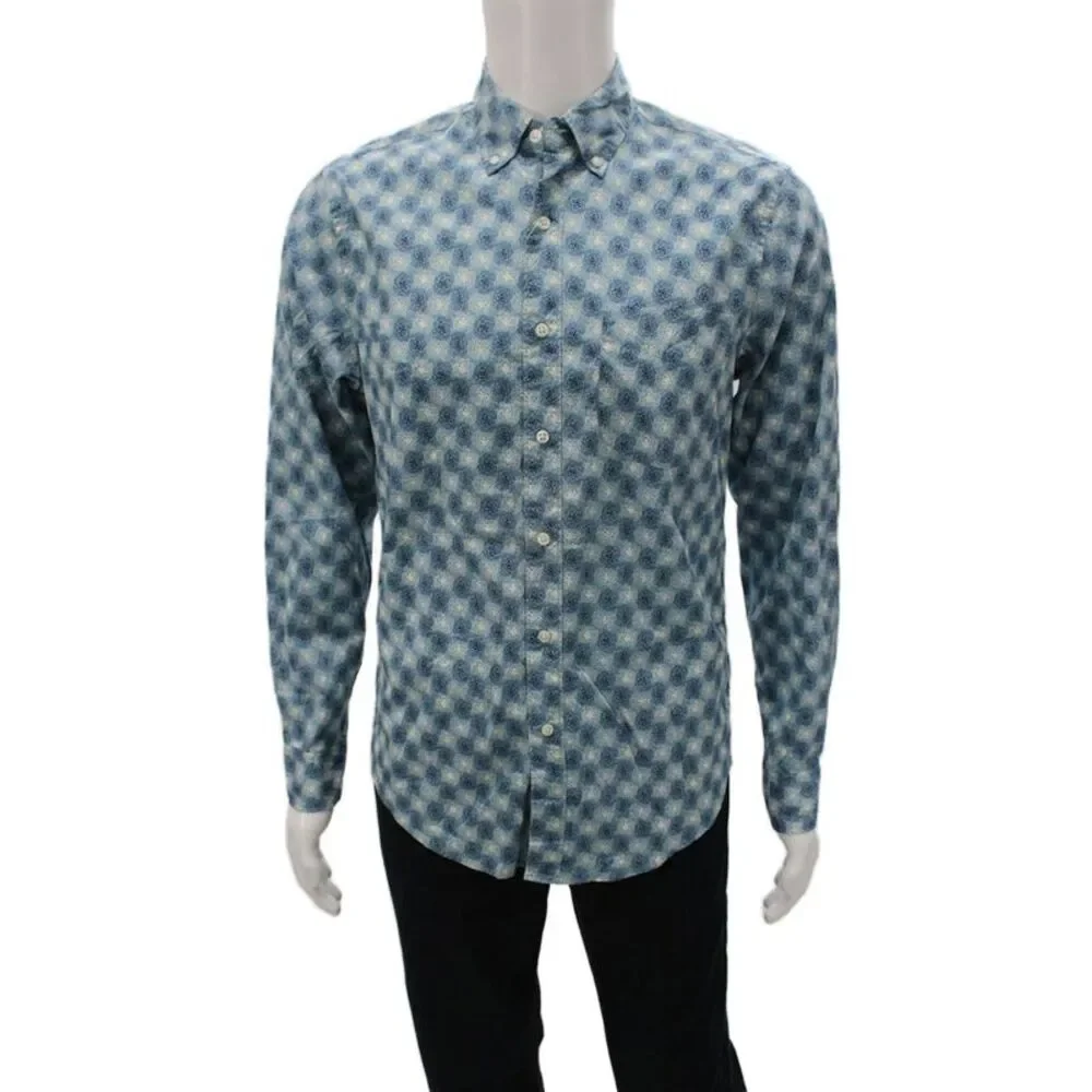 J Crew Mens Cotton Geometric Collared Long Sleeve Button-Down Shirt Blue Size S